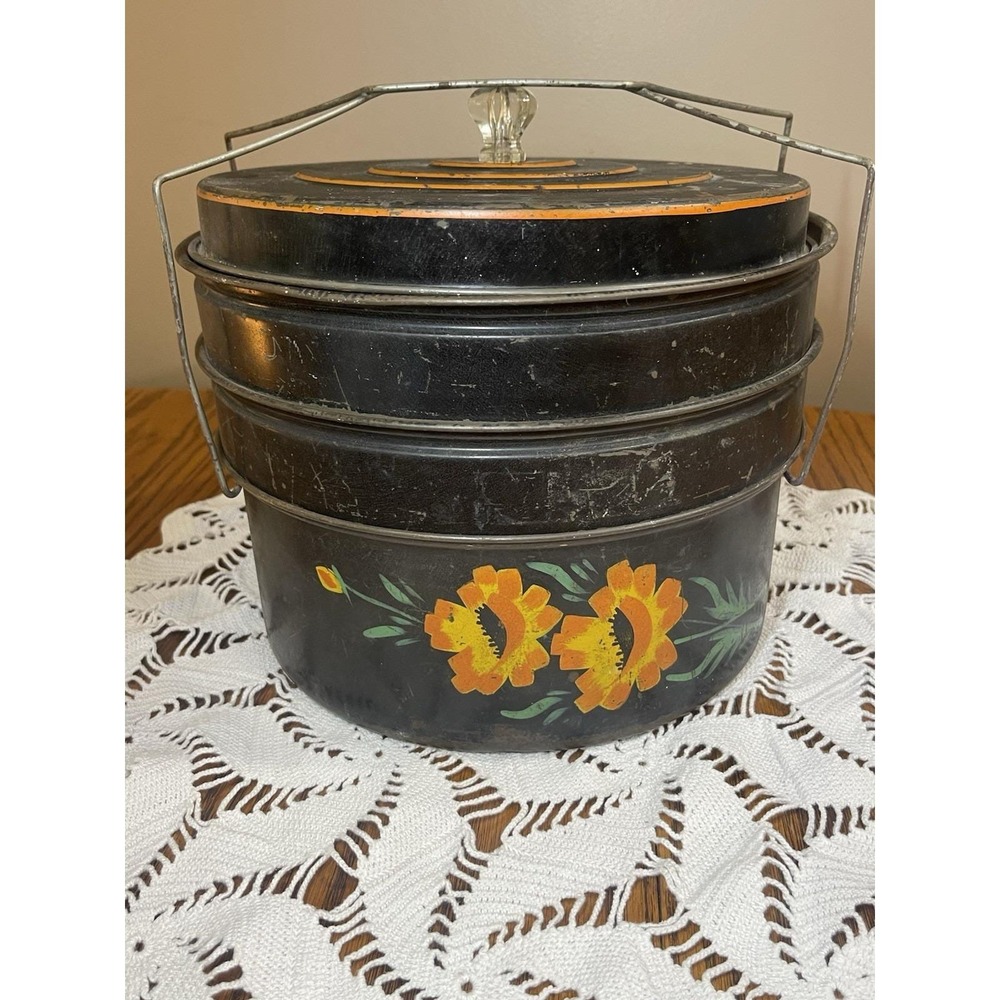 Vintage Tiered Black Floral Metal Pie Cake Travel Carrier 1940s Kitchen Decor